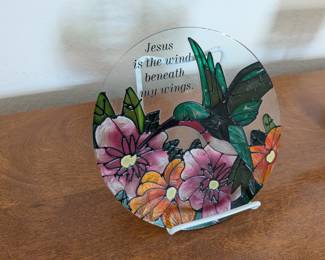 Glass Hummingbird and Floral Suncatcher with Inspirational Quote 'Jesus is the wind beneath my wings'