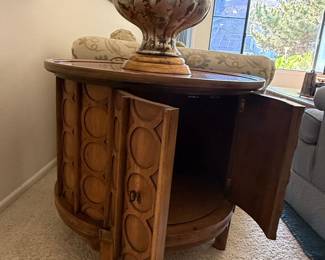 Mid-Century Modern Drum Side Table with Carved Circular Motif