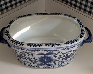 Blue and White Porcelain Footbath Planter with Handles
