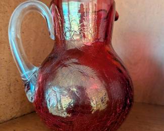 Ruby Red Iridescent Crackle Glass Pitcher with Clear Handle