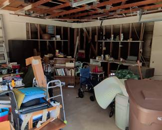 Assorted Garage Contents - Including Mobility Aids, Golf Clubs, and Household Goods
