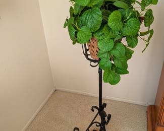 Artificial Pilea 'Crinkle' (Creeping Charlie) Plant in Wicker Basket on Wrought Iron Stand