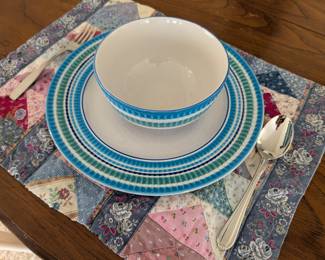 Blue Stripe Ceramic Bowl and Plate Set