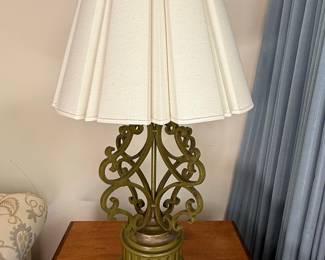Vintage Ornate Green Patina Scroll Table Lamp with Pleated Shade