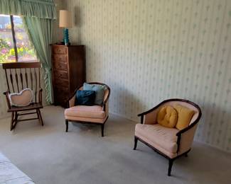 Vintage Pink Upholstered Barrel Chair and Matching Accent Chair with Wooden Rocking Chair
