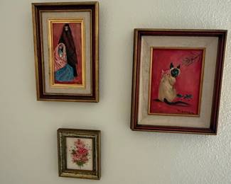Lot of Three Framed Art Pieces: Religious Scene, Siamese Cat, and Floral Still Life by M. Loury