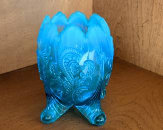 Northwood Blue Opalescent Inverted Fan and Feather Footed Bowl