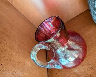 Ruby Red Iridescent Crackle Glass Pitcher with Clear Handle