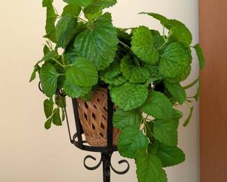 Artificial Pilea 'Crinkle' (Creeping Charlie) Plant in Wicker Basket on Wrought Iron Stand