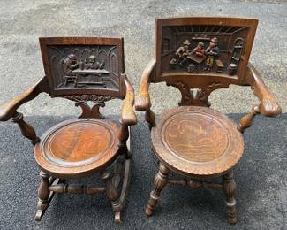 Antique heavy carved wood chairs (one is a rocker and the other is carved and painted)