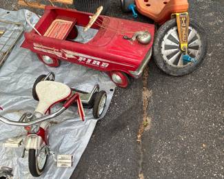 Marx big wheel, AMF tricycle and fire engine pedal car (missing one of the ladders)