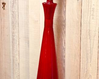 28” tall red glass bottle with stopper by Empoli