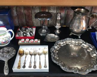 Spode pitcher, silverplate including hand mirror, Waterford wedding cake knife with box