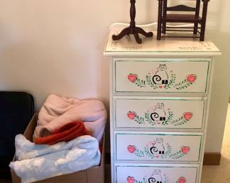 Painted dresser with cats (20”W, 15”D, 36”H), fleece blankets