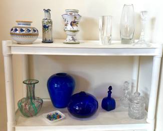 Art glass & cobalt vases, crystal biscuit jar & vase