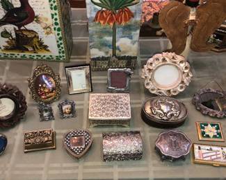 Small frames, metal boxes, compacts + back of John Derian vases