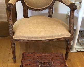 Chair with carved details, vintage basket