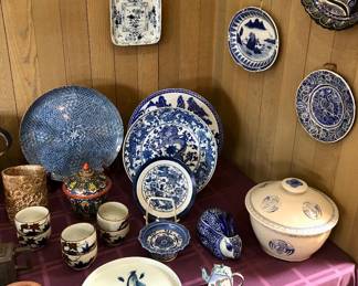 Blue & white Asian ceramics + a couple of folk art pieces