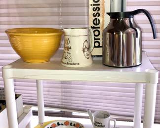 Bauer #12 bowl, George Jensen designed chrome carafe, tart pans