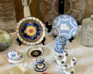 Belleek cup & saucer, Herend mini tureen, Spode plates, Wedgwood jasper ware