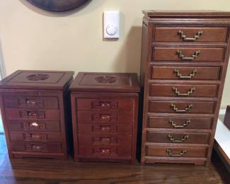 Asian wooden jewelry chests (tall one is 11”W, 9”D, 23”H)