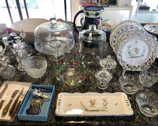 Glass cake dome, French plates, Webb crystal bowls