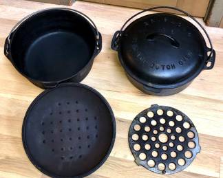 Cast iron: Unmarked No. 8 (10 1/4) Dutch oven with lid, Griswold No. 8 Tite-Top dutch oven with 2551C lid, Griswold #8 trivet 206