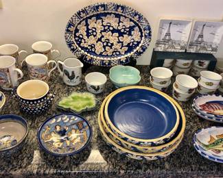 Clay City blue stoneware pie plates, Portuguese platter & fish plates, Royal Worcester & Wedgwood ramekins