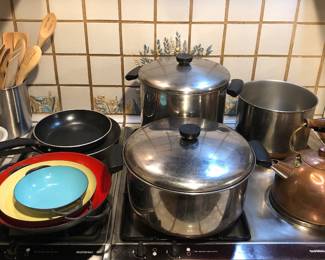 Cookware including enamel pans & copper kettle
