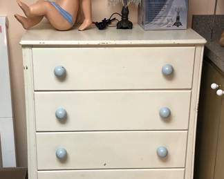 Painted wood dresser (32”W, 16”D, 38”H), large wooden cherub, beaded lamp