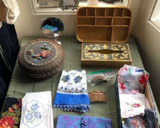 Chinese sewing basket, Florentine tissue box cover, hankies