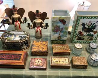 Wooden boxes, angel candle holders, John Derian vases, vanity jars
