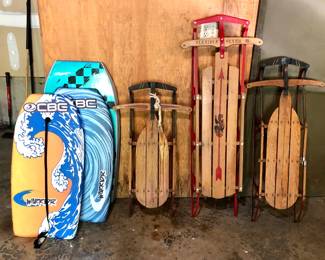 Body boards, vintage sleds
