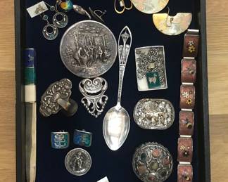 Case items: 1962 World's Fair sterling spoon, German enamel bracelet with bees, earrings & cufflinks
