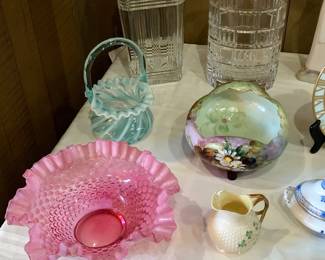 Fenton cranberry hobnail bowl, Fenton aqua optic spiral basket , square Waterford Abe Lincoln vase, Belleek shamrock creamer & sugar, handpainted bowl