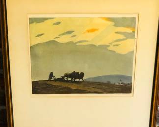 “The Ploughman”, 1924 color woodblock by Hans Frank (1884-1948), image 9" x 11", pencil signature & date