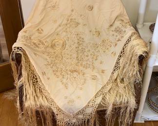 1930 embroidered silk piano shawl with fringe