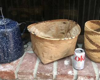 Enamel spatterware coffee pot, birch basket, African basket