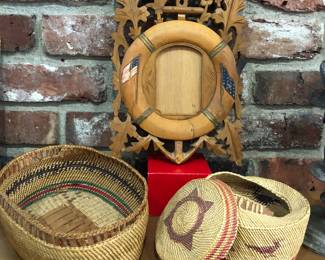 WW1-era carved wooden frame, Indian baskets (with damage)