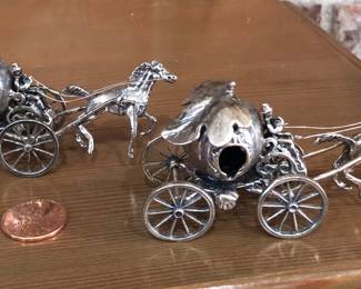 2 miniature silver pumpkin carriages