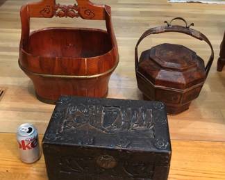 Chinese wooden bucket, small carved chest, Chinese wedding basket