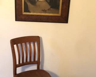 Antique oak “Milwaukee Anatomic Comfort Chair”, vintage print, painted stool