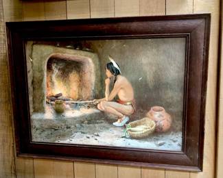 Antique E.I. Couse chromolithograph “Taos Indian Roasting Corn”, copyright 1904, in period frame (19 " x 25")