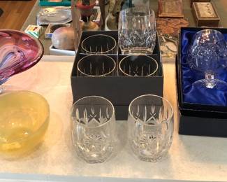 Art glass bowl, Yalos Casa Murano bowl, Waterford Westhampton double old fashioned glasses, Waterford snifters