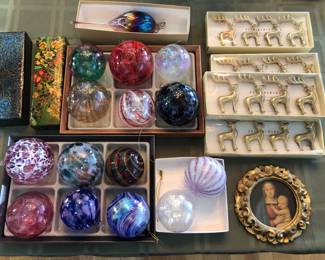 Art glass ornaments, Pottery Barn reindeer place card holders, Italian Madonna print