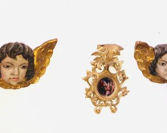 Italian carved wood cherubs & ornate gilt mirror (8” tall)