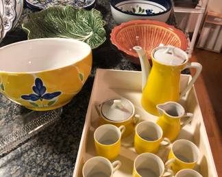Vintage yellow coffee set, colorful bowls