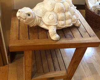 Big ceramic turtle on small wooden table (18" tall)