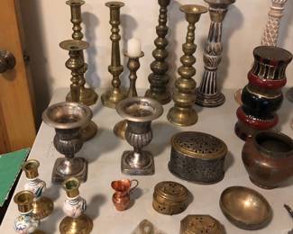 Brass candlesticks & boxes