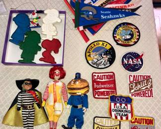 Peanuts cookie cutters, McDonald's dolls, more patches, football pennants